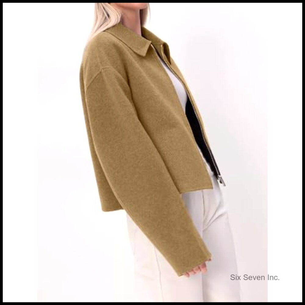 Cropped Wool Blend Pea Coat with Zipper Closure, Long Sleeve - Picture 5 of 7